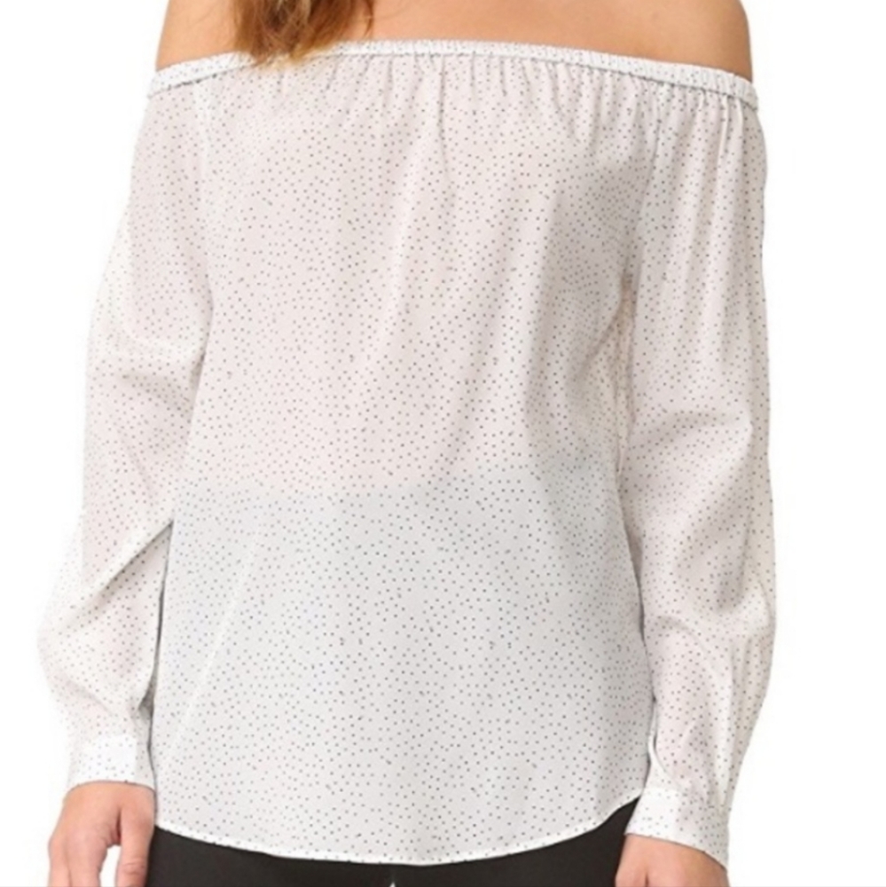 Rag & Bone/Jean off the shoulder white top with tiny polka dots.